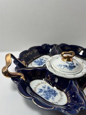 Vintage Thun Cobalt Blue Porcelain Divided Serving Tray -Gold Gilt- RARE